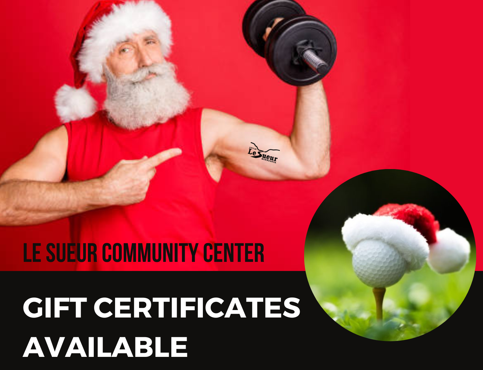 Santa Holding Dumbbell and Golf Ball with Santa Hat