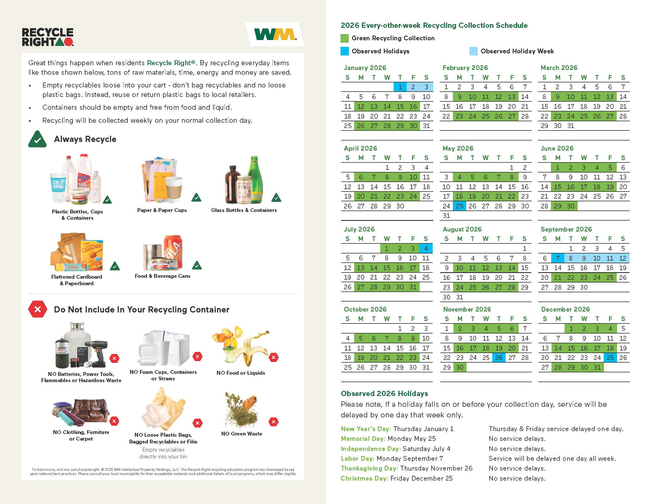 2026 Waste Management Recycling Calendar